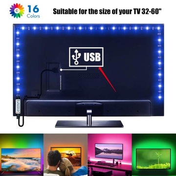 ПОДСВЕТКА ТЕЛЕВИЗОРА 16 СВЕТОДИОДОВ RGB 300см ПУЛЬТ ДУ USB