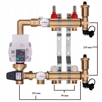 Латунный распределитель для теплого пола 2 с WILO PUMP + КОРОБКА ДЛЯ СКРЫТОГО МОНТАЖА
