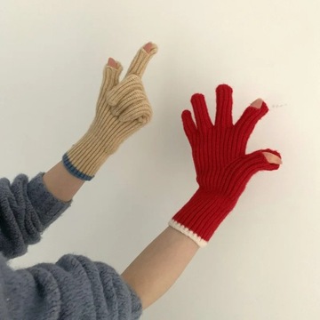 Pure Color Knitted Woolen Gloves Female Winter Screen Student Riding Split