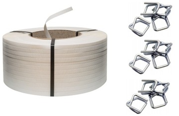 ZESTAW DO spinania PALET biała TAŚMA PP 12mm + ZAPINKI do bandowania