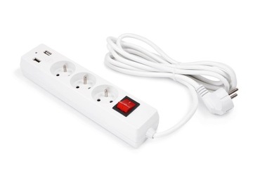 Przedłużacz listwowy listwa 3m 3x Gniazdo + 2x USB Biały