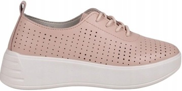 DAMSKIE PÓŁBUTY SNEAKERSY AŻUROWE ZE SKÓRY NA KOTURNIE RÓŻOWE PASTELOWE