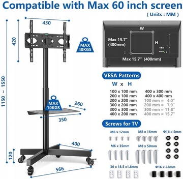 STOJAK POD TELEWIZOR 23-60 CALI 40KG VESA KÓŁKA