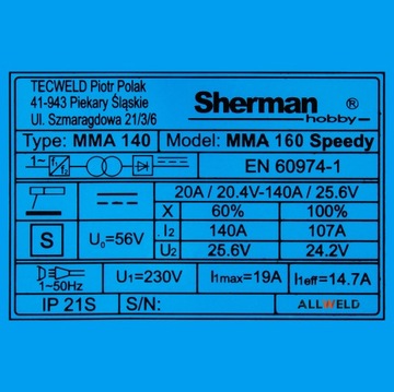 SPAWARKA INWERTEROWA ELEKTRODOWA SHERMAN MMA 160 SPEEDY 230V 140A IGBT
