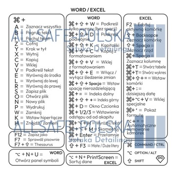 Bezbarwna mocna naklejka ze skrótami klawiszowymi WORD EXCEL POMOCNA !