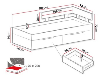 КРОВАТЬ с ящиками для постельного белья SIGMA, 90x200 см