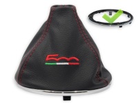 Купить Fiat 500 чехол переключения передач черная кожа вышивка красный флаг рамка хром, фото thumb