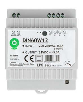 Zasilacz 60W 12V 5A na szynę DIN Pos Power DIN60W12