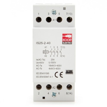 STYCZNIK MODUŁOWY 25-40 230V 25A 2P 4Z 3-FAZOWY ZWIERNY NA SZYNĘ DIN TH35