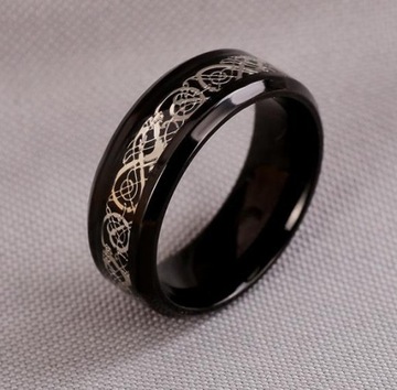 PIERŚCIEŃ SYGNET STAL CELTIC DRAGON CZARNY R22