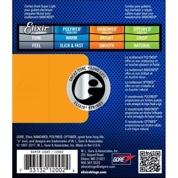 Struny do gitary elektrycznej Elixir 12002 Nickel NANOWEB Coating 9-42