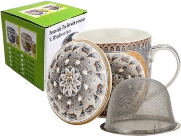 Porcelanowy Kubek 320 ml z Pokrywką i Zaparzaczem - KOLOROWA MANDALA