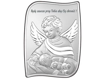Obraz ze srebra z aniołkiem stróżem 13,5x18cm na prezent Chrzest Komunia