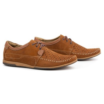 Buty męskie skórzane mokasyny sznurowane na lato ażurowe 875L camel brąz 43