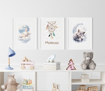 3 OBRAZKI DO POKOJU DZIECIĘCEGO A3 ZESTAW PLAKATY BOHO IMIE DZIECKA PREZENT