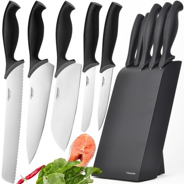 НАБОР ИЗ 5 НОЖЕЙ FISKARS КУХОННЫЕ НОЖИ В БЛКЕ ТОЧИЛКА ЧИЛИЗЕР