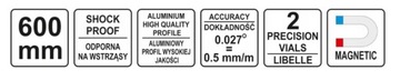 POZIOMNICA MAGNETYCZNA 2 LIBELLE 600mm YT-30061