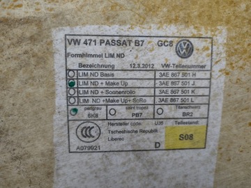 фото thumb №10, Стеля 3ae867501j vw passat b7 3aa sedan 2010-2014r. перламутрово-сірий оригінал