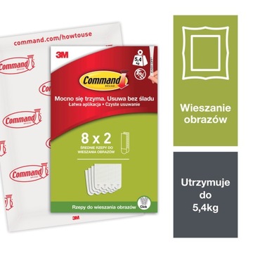 Command rzepy do wieszania obrazów bez wiercenia do 5,4 kg, 16 szt. (8 par)