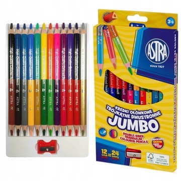 КАРАНДАШНЫЕ МЕЛКИ 12/24 ЦВЕТА. ДВУХСТОРОННИЙ ТРЕУГОЛЬНЫЙ JUMBO С ТОЧИЛКОЙ ASTRA