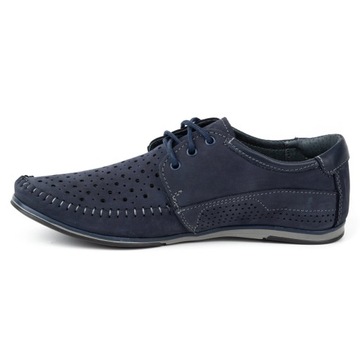 Buty męskie skórzane mokasyny sznurowane na lato ażurowe 875L granatowe 45