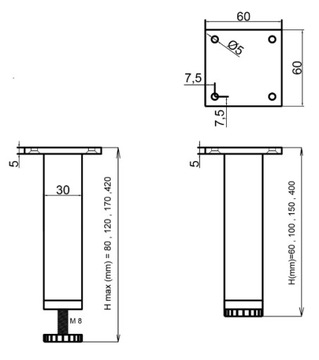 Aluminiowa nóżka stopka meblowa regulowana H 100