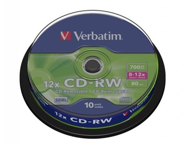 Диск Verbatim CD-RW SERL, устойчивый к царапинам, коробка для торта, 10 упаковок, многоразовая