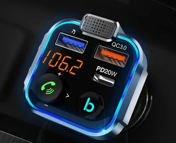 АВТОМОБИЛЬНЫЙ ПЕРЕДАТЧИК BLUETOOTH 5.0 БЫСТРОЕ ЗАРЯДНОЕ УСТРОЙСТВО PD 20 Вт 3xUSB QC 3.0