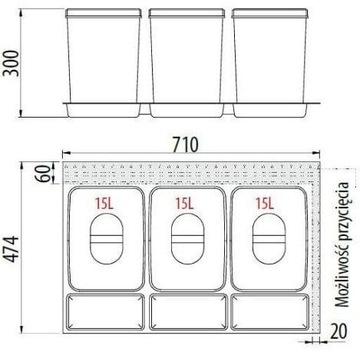 KOSZ SEGREGATOR NA ŚMIECI WKŁAD 800 3x15L