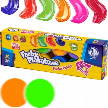 Astra FARBY PLAKATOWE 12 kolorów x 20ml 2 NEON KOLORY w komplecie
