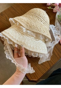 Корейская соломенная шляпа с французским кружевом и кружевным ремешком, приморская пляжная женская весенне-летняя шляпа