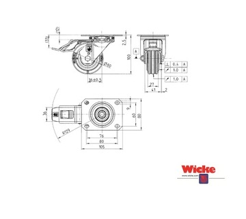 Поворотное колесо 80мм с резиновым тормозом 50кг WICKE