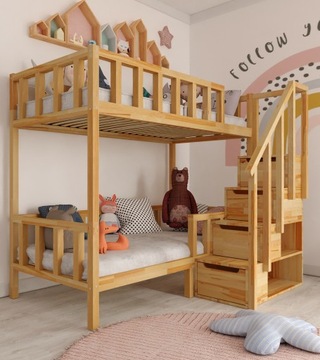 Drewniane łóżko piętrowe ze schodkami front FILIP 180x90