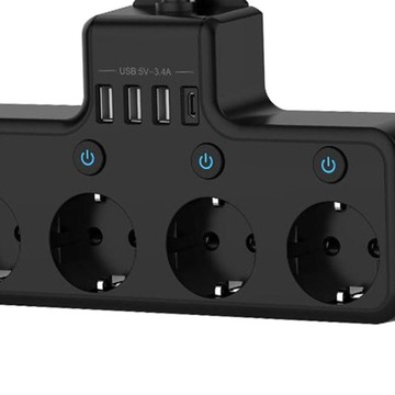 Удлинитель с вилкой европейского стандарта, 3 USB-портами, быстрая зарядка, 4 розетки, черный