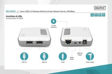 Многофункциональный беспроводной 2-портовый сетевой сервер, USB 2.0, 300 Мбит/с.