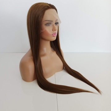 Peruka LACE FRONT jasny brąz jasno brązowa 40/55/80 cm + czepek GRATIS