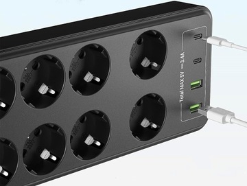 СТРИП 12в1 4000 Вт АНТИПЕРЕНАПРЯЖЕНИЯ! ЗАЩИТНЫЕ 8 РАЗЪЕМОВ + 4 USB