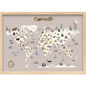 PLAKAT DZIECIĘCY EDUKACYJNY MAPA ŚWIATA ZE ZWIERZĘTAMI ZWIERZĘTA 21x30 A4