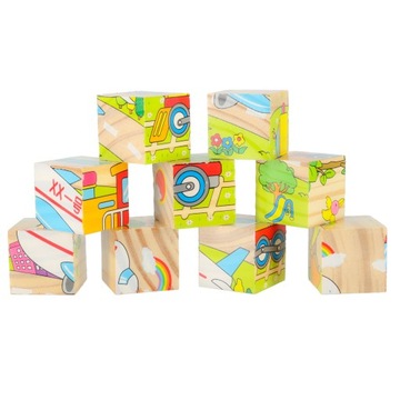 KLOCKI DREWNIANE UKŁADANKA EDUKACYJNE PUZZLE KOSTKI POJAZDY 6W1 ZESTAW 9EL.