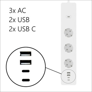 Удлинитель WIFI с измерением тока, 3 розетки переменного тока, 2 розетки USB C, WOOX