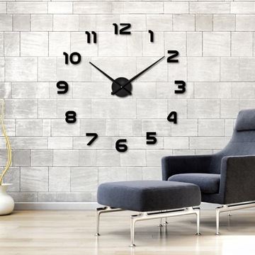 ZEGAR ŚCIENNY DIY DUŻY CICHY NAKLEJANY NA ŚCIANĘ 3D CZARNY LUSTRZANY 65-120