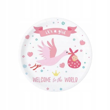 Talerzyki papierowe różowe BABY SHOWER BOCIANKOWE Dziewczynki 6szt 18cm