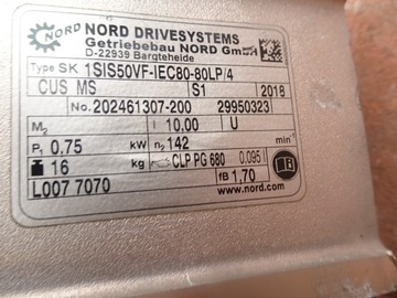 MOTOREDUKTOR KĄTOWY PRZEKŁADNIA SILNIK NORD SK 80LP 0,75KW 142 OBROTY