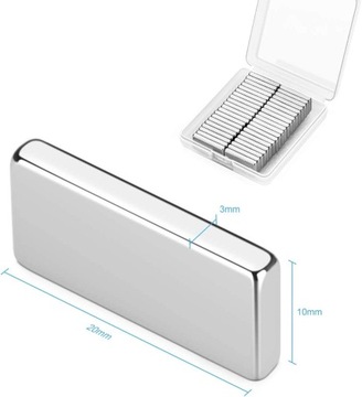 MOCNE MAGNESY NEODYMOWE 20x10x3 mm 40 SZTUK