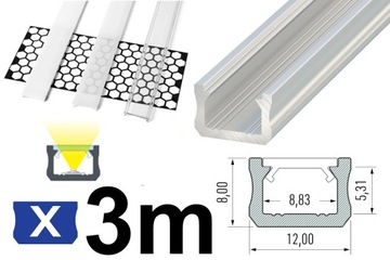 АЛЮМИНИЕВЫЙ СВЕТОДИОДНЫЙ ПРОФИЛЬ 3М ДЛЯ УЗКОГО ТИПА X СЕРЕБРЯНОГО ТИПА 12 ММ 3М + ЛАМПЫ из ПВХ