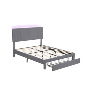 ŁÓŻKO PODWÓJNE TAPICEROWANE 140 X 200 CM Z LISTWĄ ŚWIETLNĄ I GNIAZDEM USB