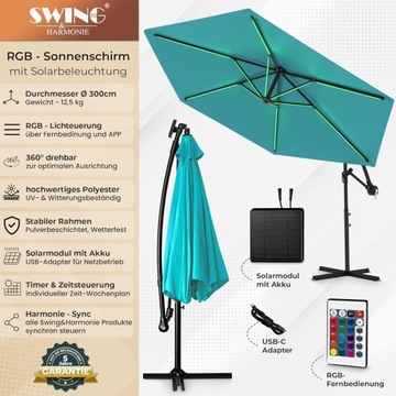 SWING & HARMONIE LUKSUSOWY PARASOL Ø350 LED Z OŚWIETLENIEM RGB TURKUSOWY