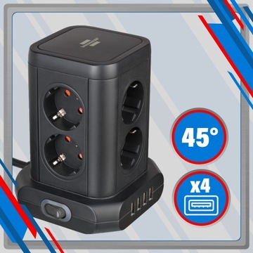 Башня, 8 розеток, 4xUSB, 4,8 А, полоса удлинительного кабеля, 2 м