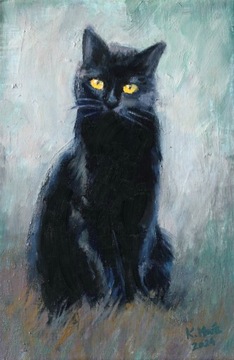 ЧЕРНАЯ КОШКА котенок кот портрет картина маслом 20х30 см