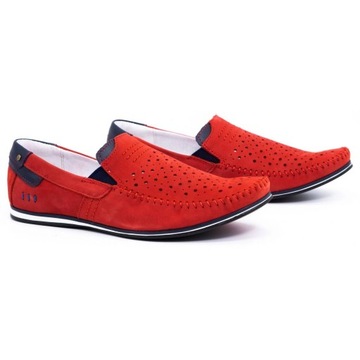 Buty męskie skórzane mokasyny wsuwane na lato ażurowe 876L czerwone 49